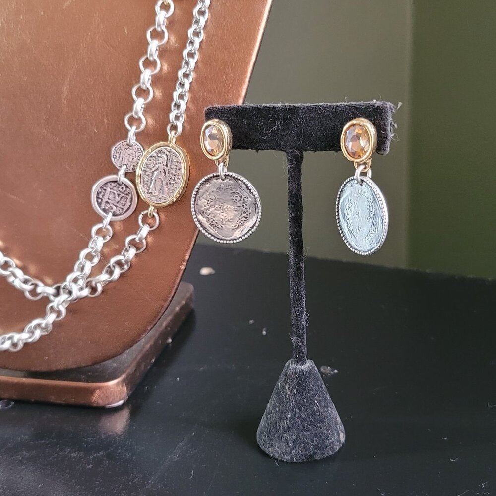 Gold, Silver, & Crystal Coin Necklace & Earrings Set